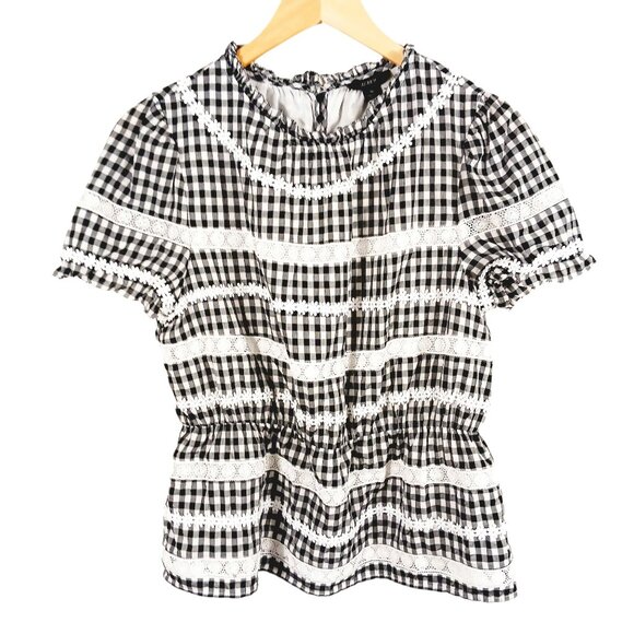 J. Crew, Small, Black/White Gingham Top, Lace Trim, Short Sleeve, Peplum Style - Picture 1 of 16